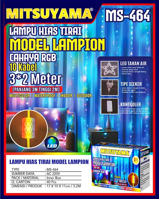 Lampu Hias Tirai Model Lampion RGB 10 Kabel 3 x 2Meter MS-464 - Gambar 2