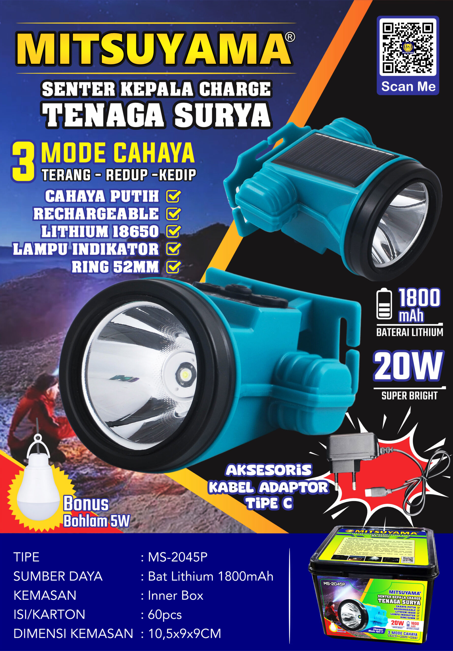 Senter Kepala Charge Tenaga Surya MS-2045P - Gambar 2