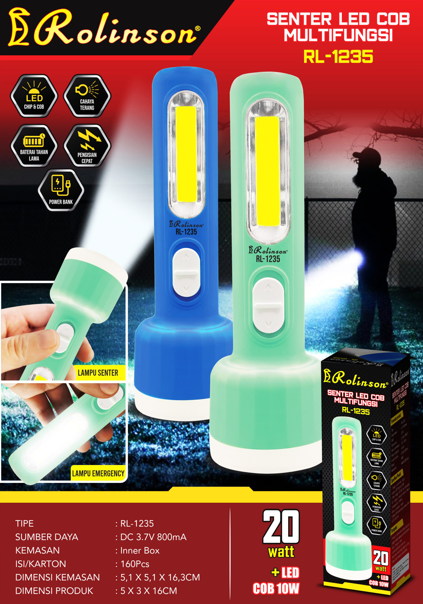 Senter Multifungsi 20Watt + LED COB 10W RL-1235 - Gambar 2