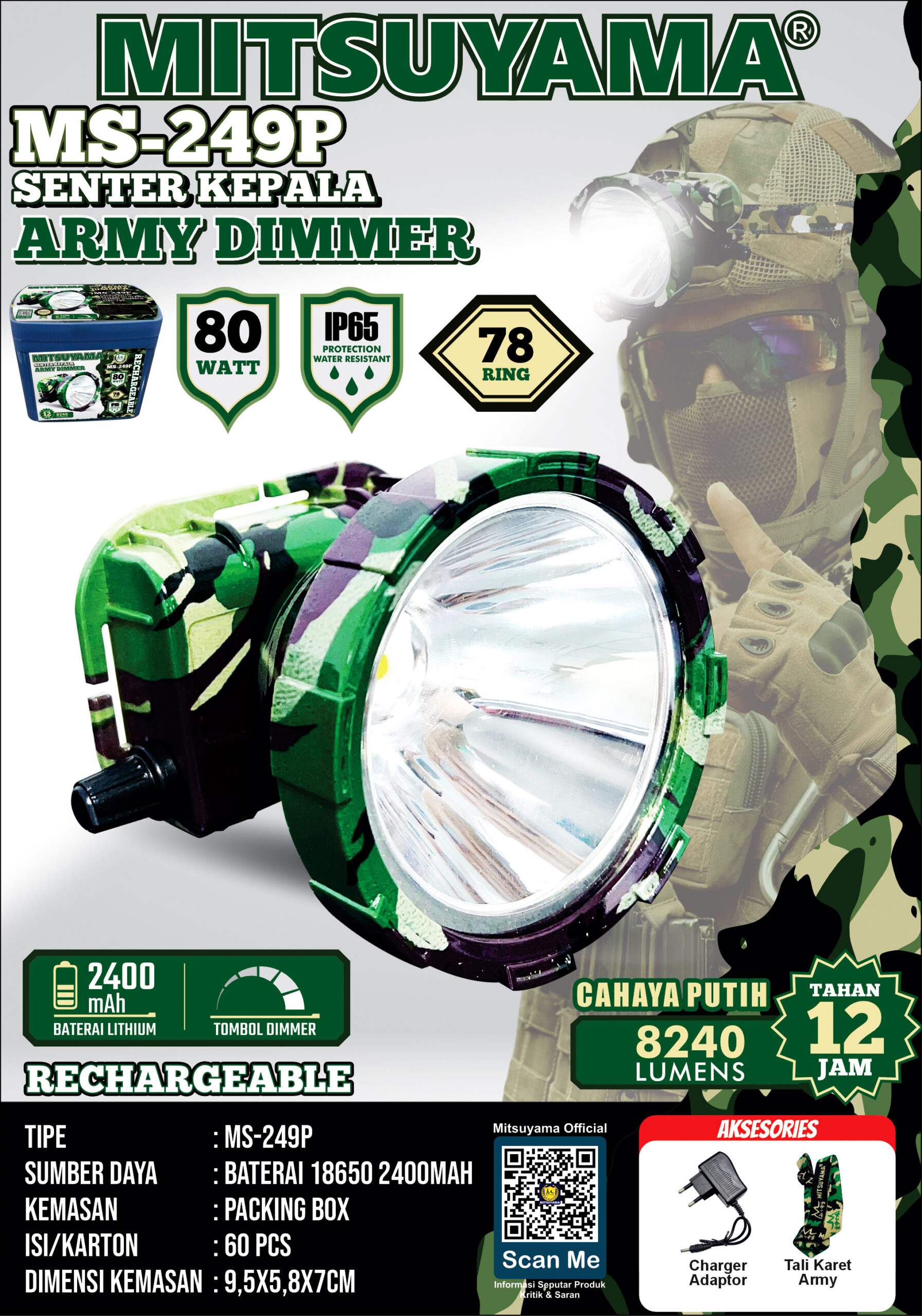 Senter Kepala Army Dimmer Rechargeable 80W MS-249P - Gambar 2