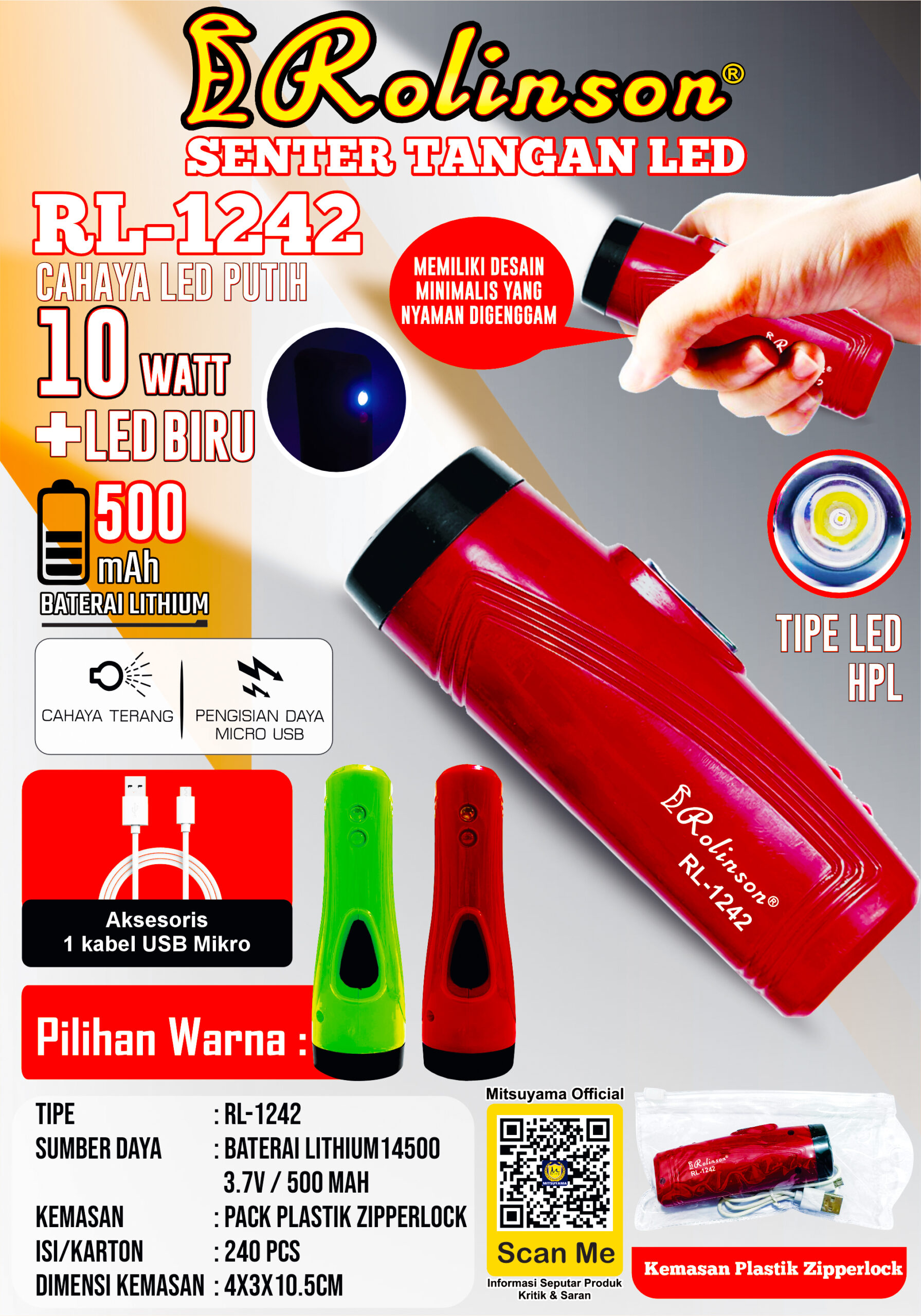 Senter Tangan Mini 10W USB RL-1242 - Gambar 2