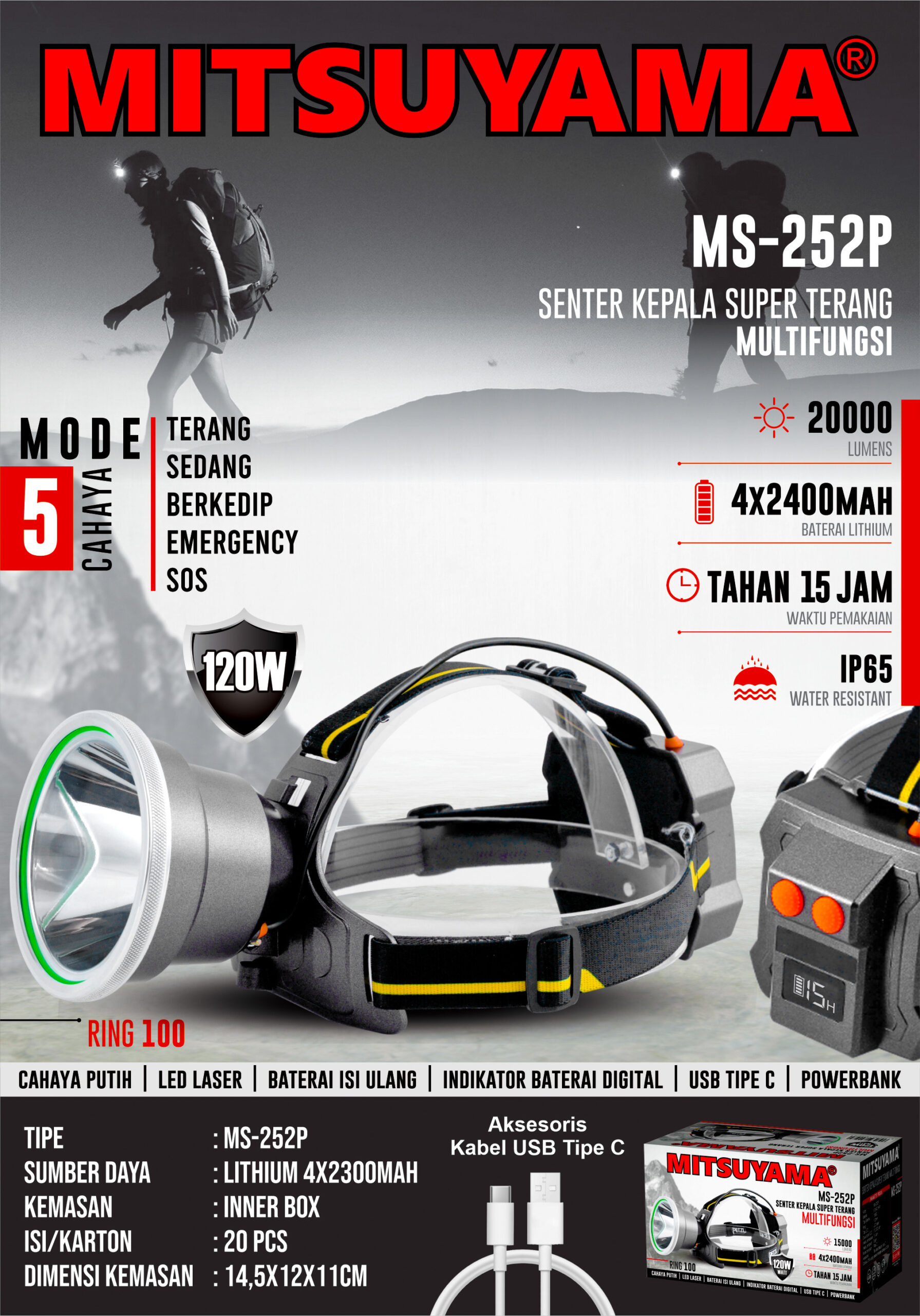 Senter Kepala Super Terang Multifungsi 120W MS-252P - Gambar 2