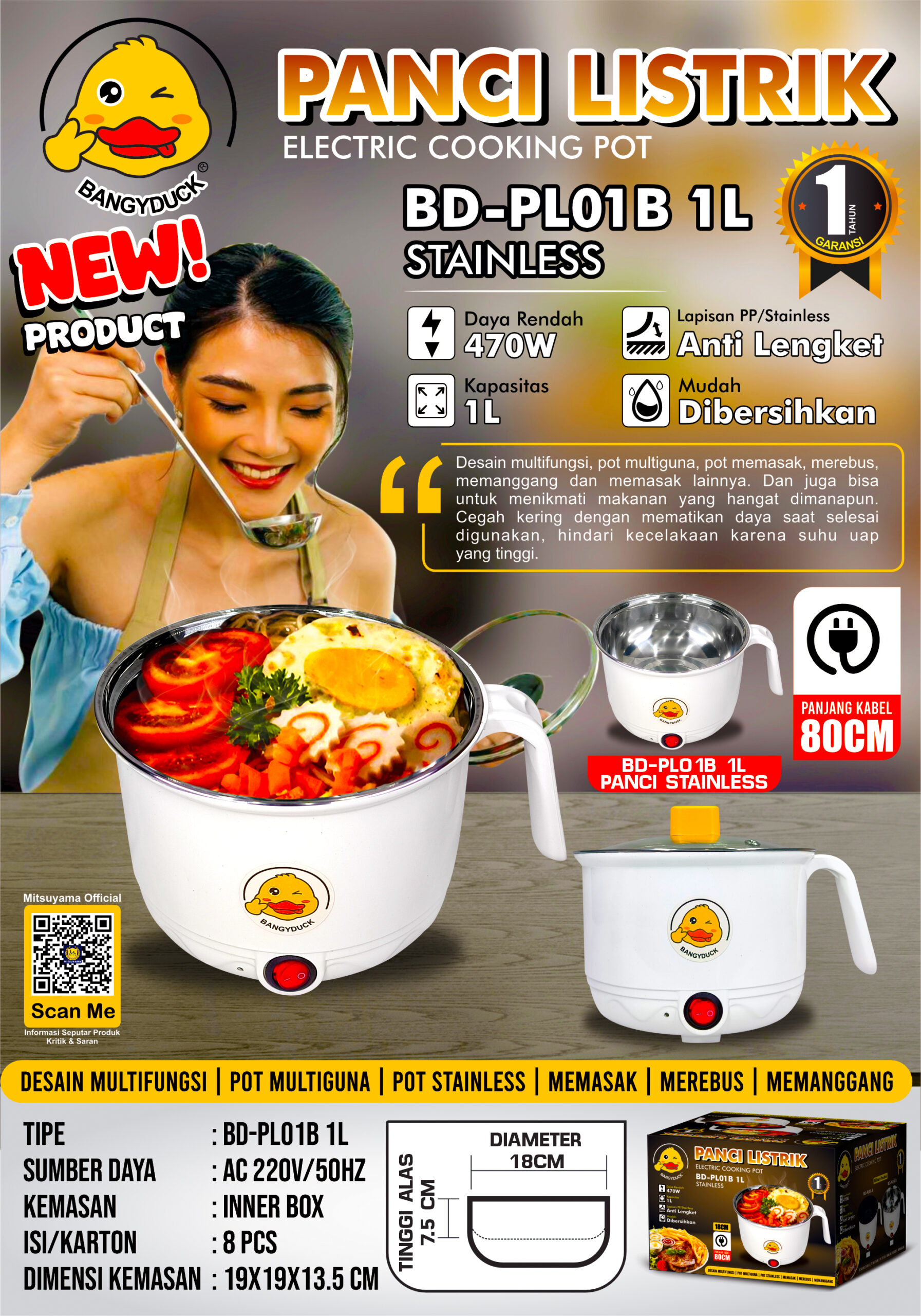 Panci Listrik Elektrik Serbaguna Cooking Pot BD-PL01 - Gambar 3