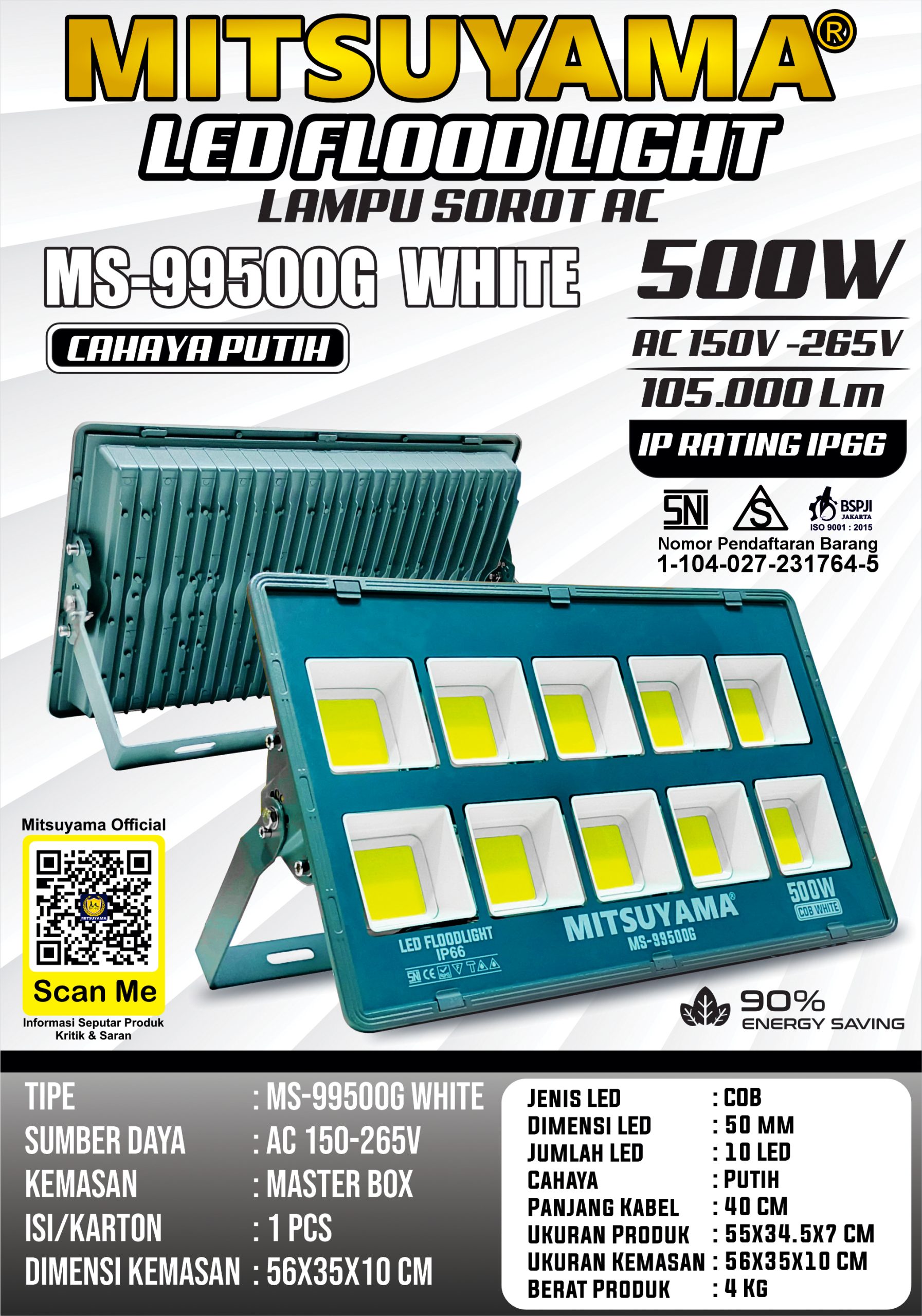Lampu Sorot AC 500W LED Flood Light MS-99500G/MS-99500GG - Gambar 2