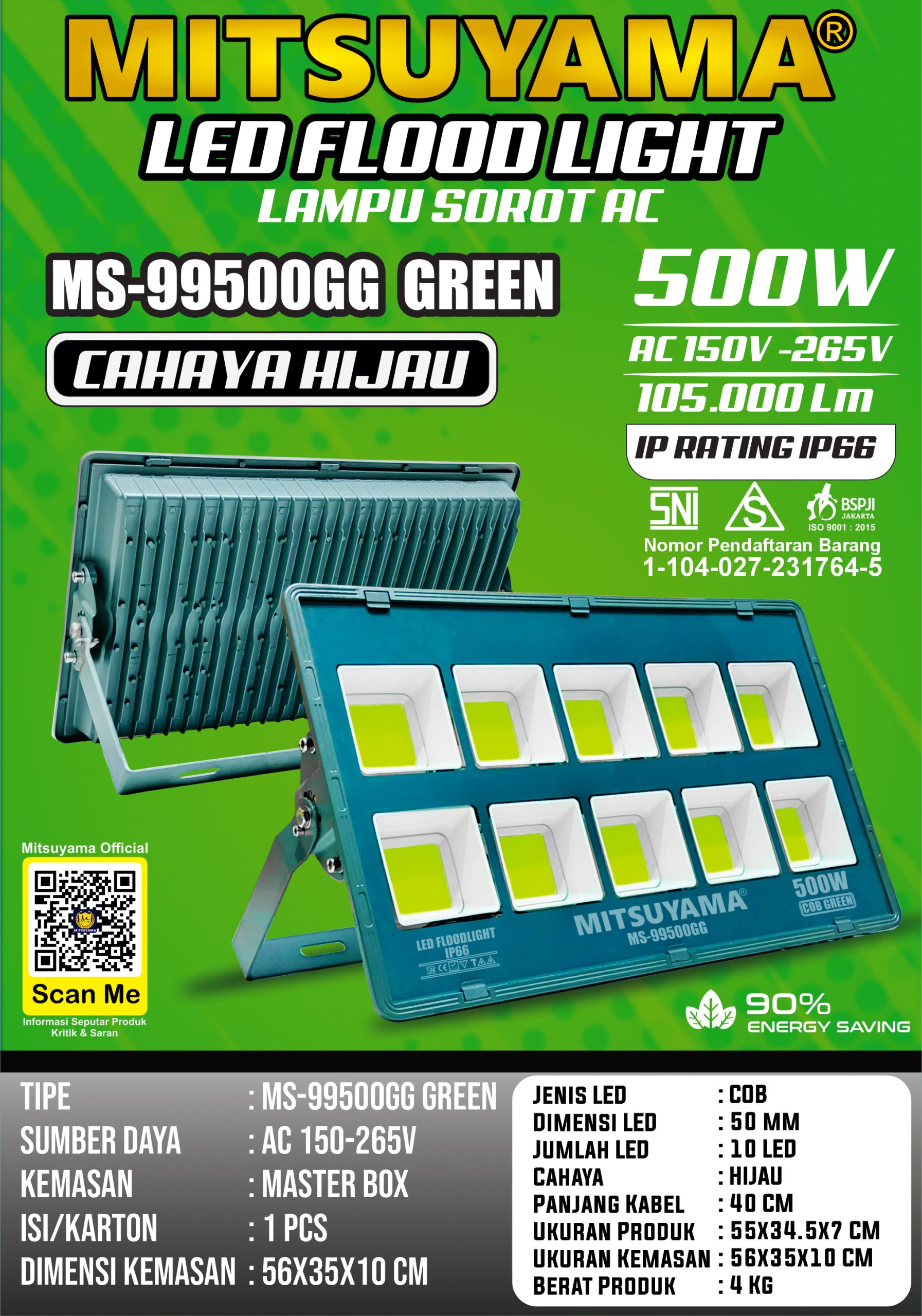 Lampu Sorot AC 500W LED Flood Light MS-99500G/MS-99500GG - Gambar 4