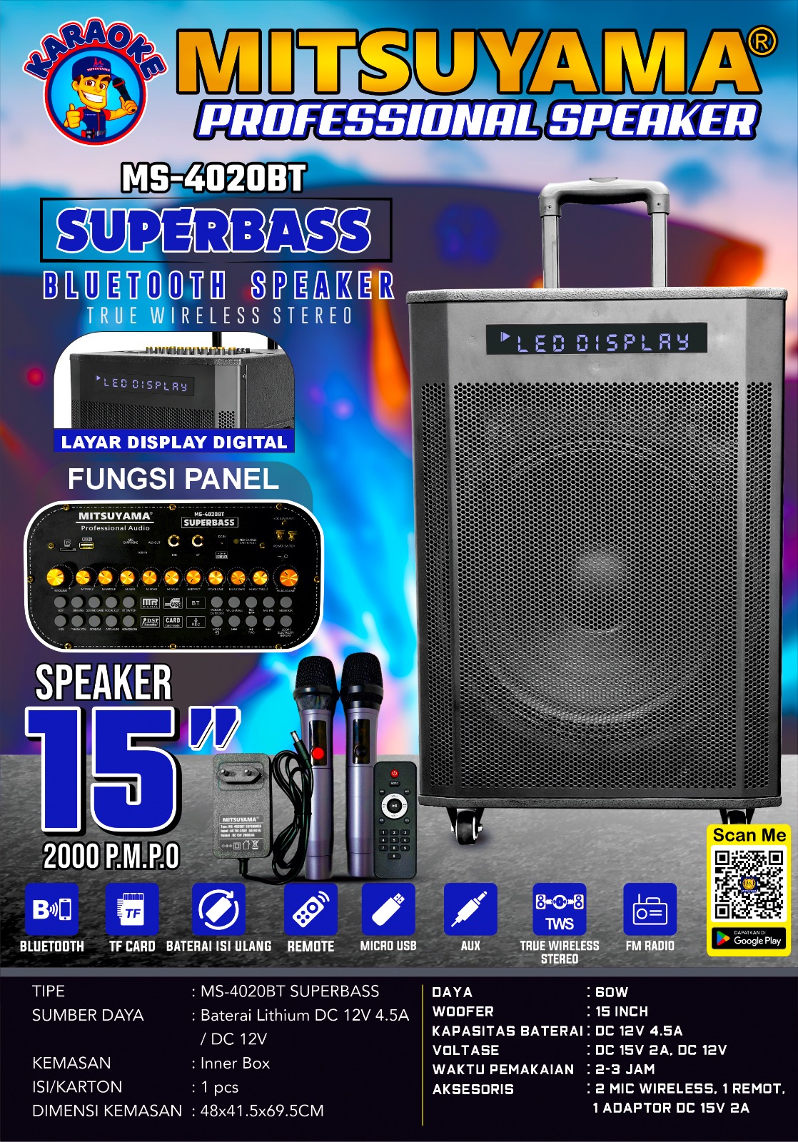 Speaker Bluetooth 15" True Wireless Stereo MS-4020BT Superbass - Gambar 2