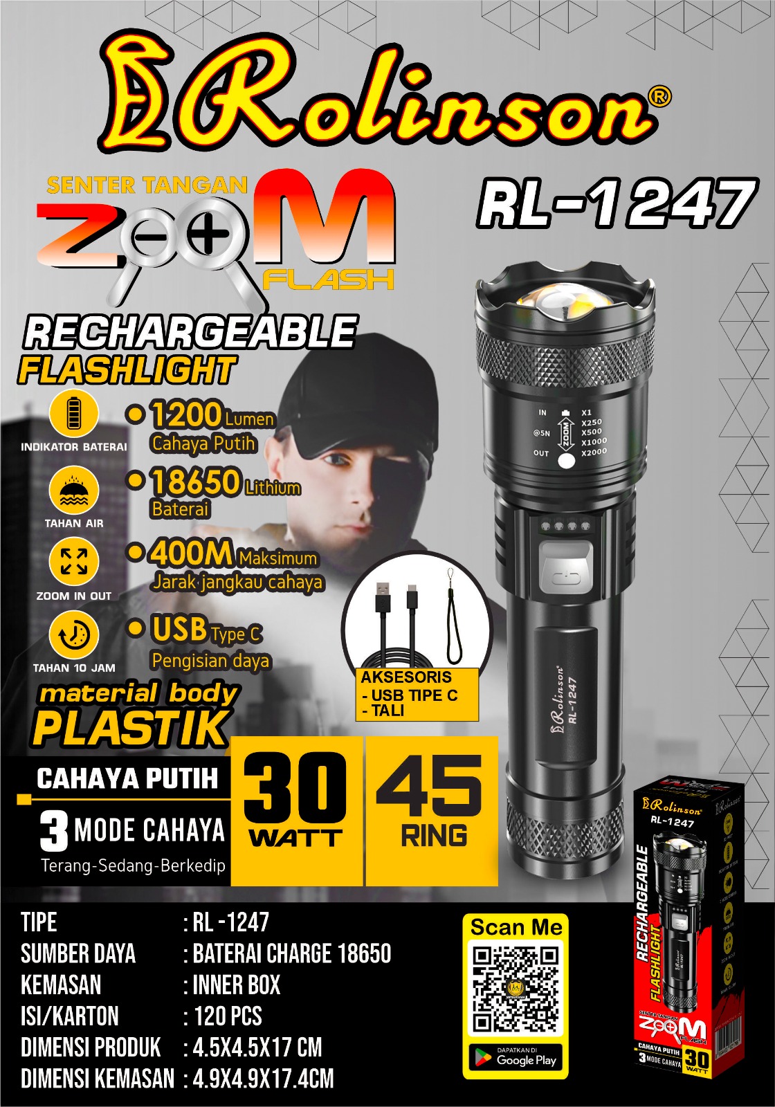 Senter Tangan Zoom Flash 30W Rechargeable Flashlight RL-1247 - Gambar 2