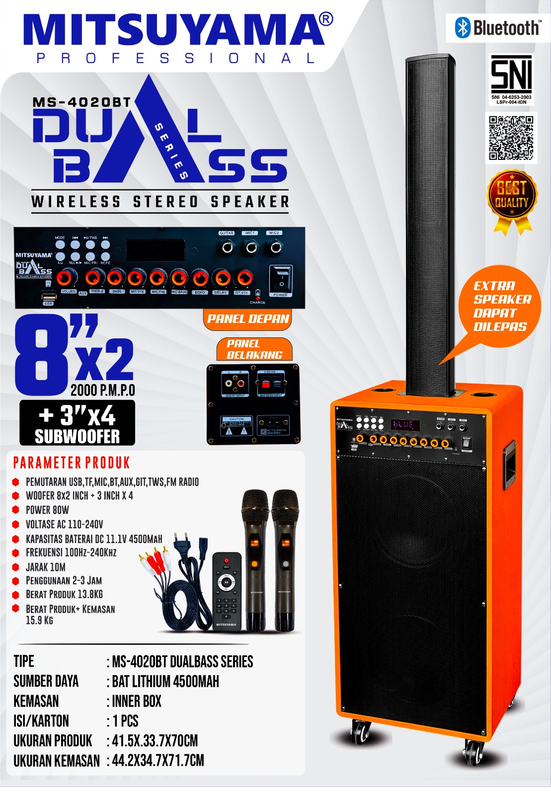Speaker Wireless Stereo MS-4020BT series DualBass - Gambar 2
