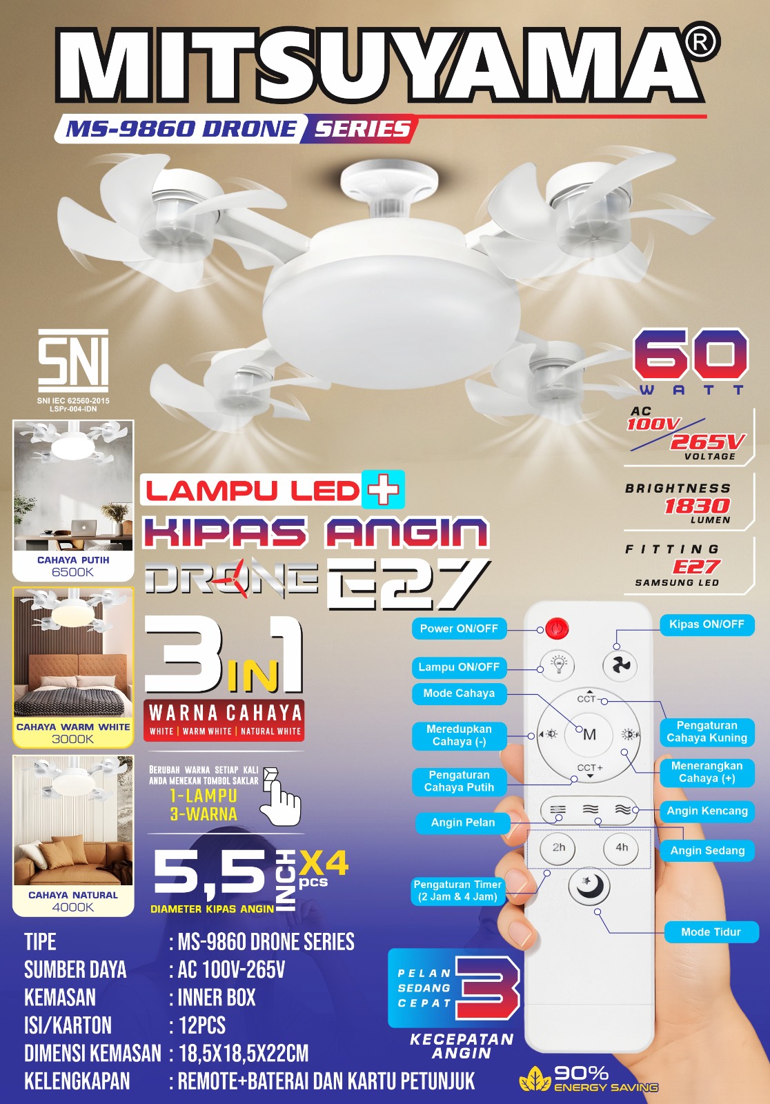 Lampu LED + Kipas Angin E27 Mitsuyama 60W series Drone - Gambar 2
