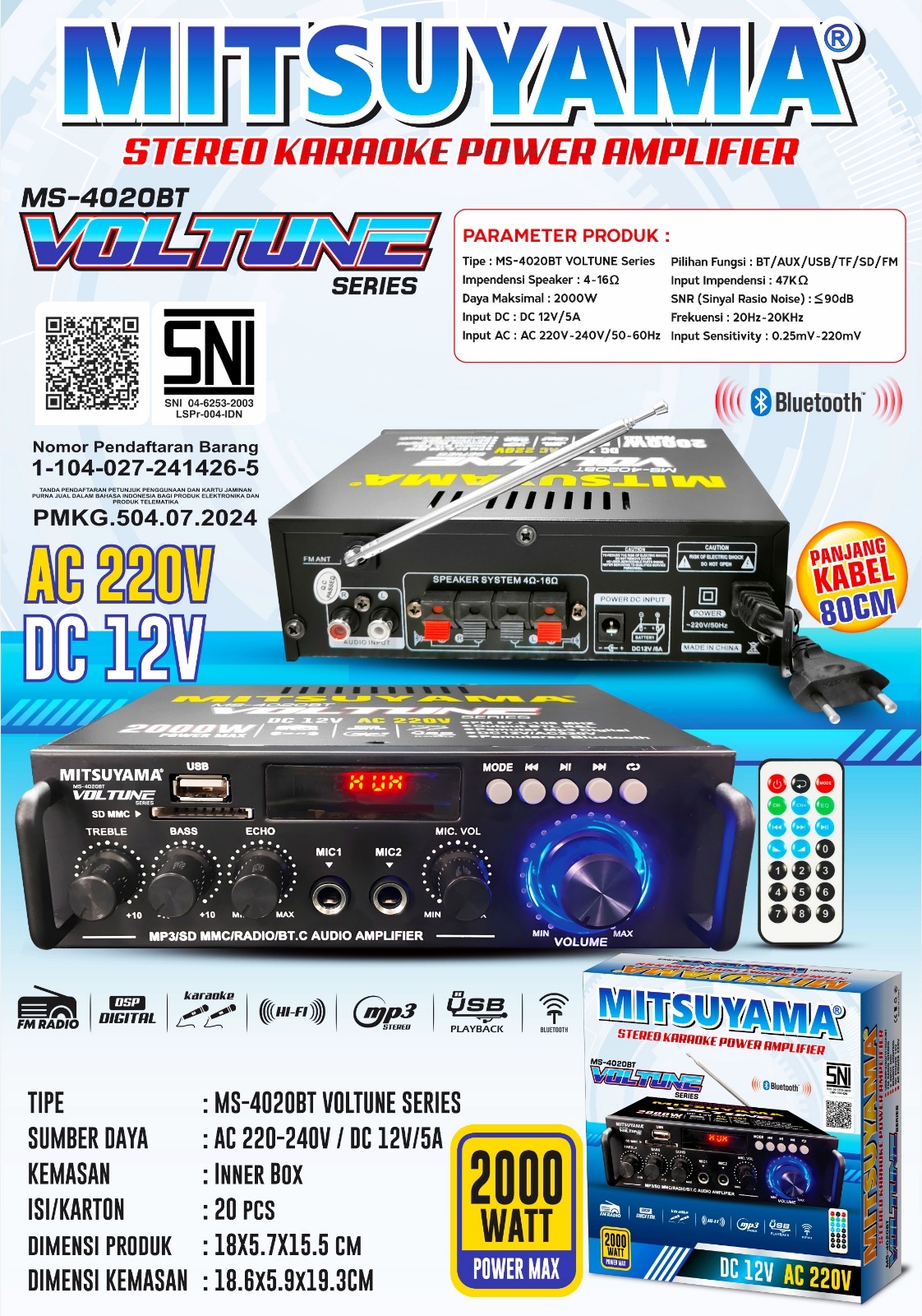 Amplifier Stereo Karaoke Power 200W MS-4020BT series Voltune - Gambar 2