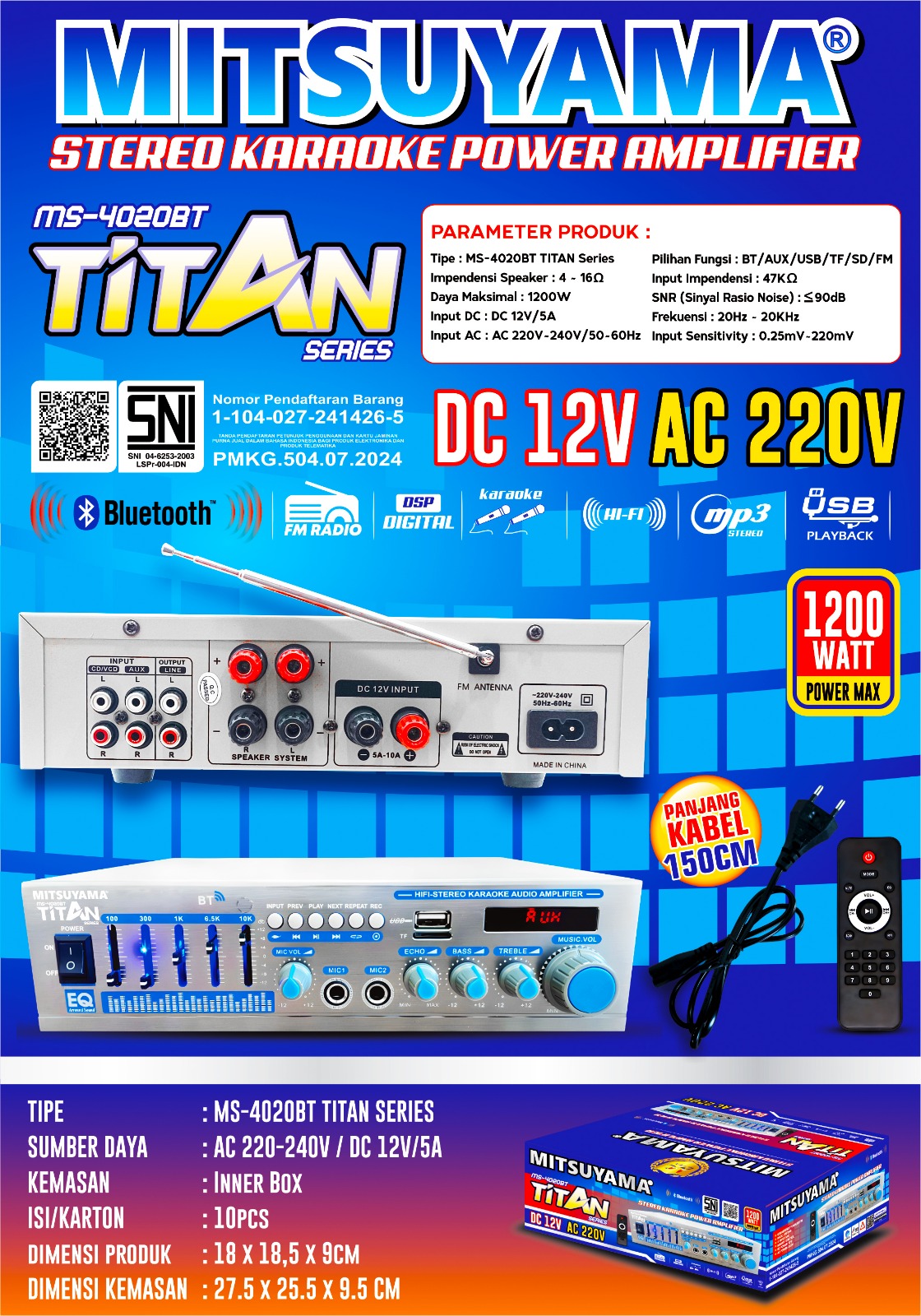 Amplifier Power Stereo Karaoke 1200W MS-4020BT series Titan - Gambar 2