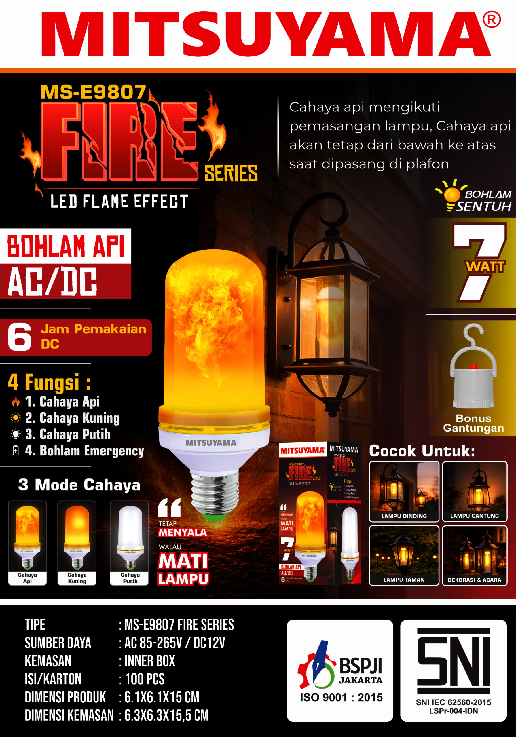 Lampu Bohlam Emergency MS-E9807 Fire Series LED Flame Effect 7W AC/DC - Gambar 2